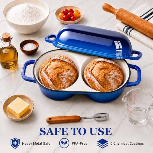 Double Dutch Oven for Sourdough Bread Baking,2.2QT Enameled Cast Iron Dutch Oven Pot with Lid,500°F Oven Safe Non Stick Bread Loaf Pan,Sourdough Baking Pan for Homemade Baking(blue)