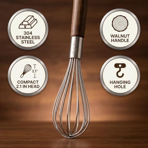 Mini Whisk 11.2 in, 304 Stainless Steel Balloon Head, Walnut Handle