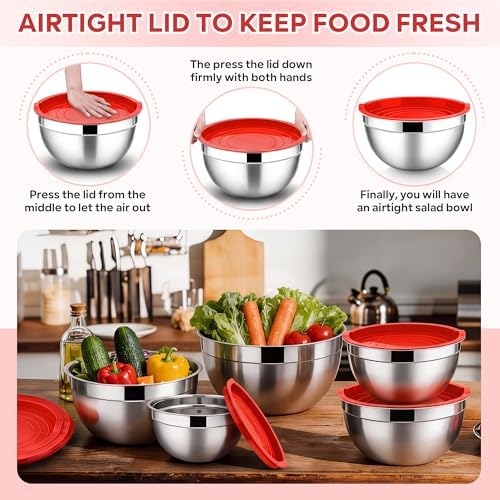 E-far Mixing Bowls with Lids Set, Stainless Steel Cooking Salad Bowls, Red