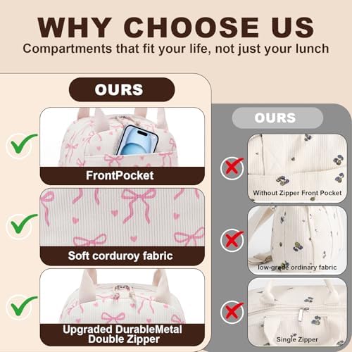 LEDAOU Lunch Box for Women Insulated Lunch Bag Corduroy Lunch Tote Bags Leakproof Cooler Lunch Case for Travel Work Picnic (Bow Tie Beige)