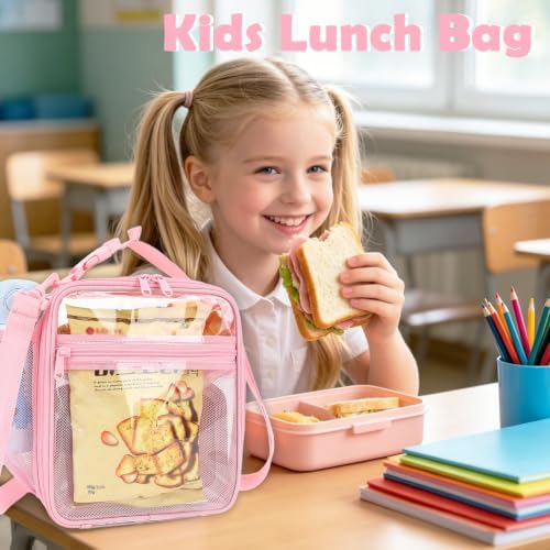 FlowFly Kids Lunch box Insulated Soft Bag Mini Cooler Back to School Thermal Meal Tote Kit for Girls, Boys, PinkClear