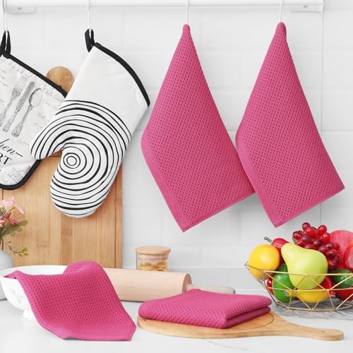 Homaxy 100% Cotton Waffle Weave Kitchen Dish Cloths 6-Pack, Hot Pink