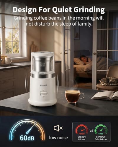 SHARDOR Quiet Coffee Grinder Electric, 70g Removable Bowl Spice Grinder for Coffee Beans, Seeds and Grains, Super Silent Grinding Mill with 60dB Low Noise, 2.5oz Capacity, White