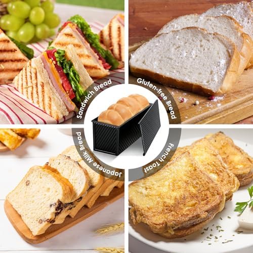 Saiveina 【5 Bonus Heart Shaped Cake Pans 】 Pullman Loaf Pan with Lid, 1 lb Bread Loaf Pan Non-Stick Carbon Steel, Square Bakeware for Sandwich, Shokupan, Pain de Mie, Sourdough, Toast, Black