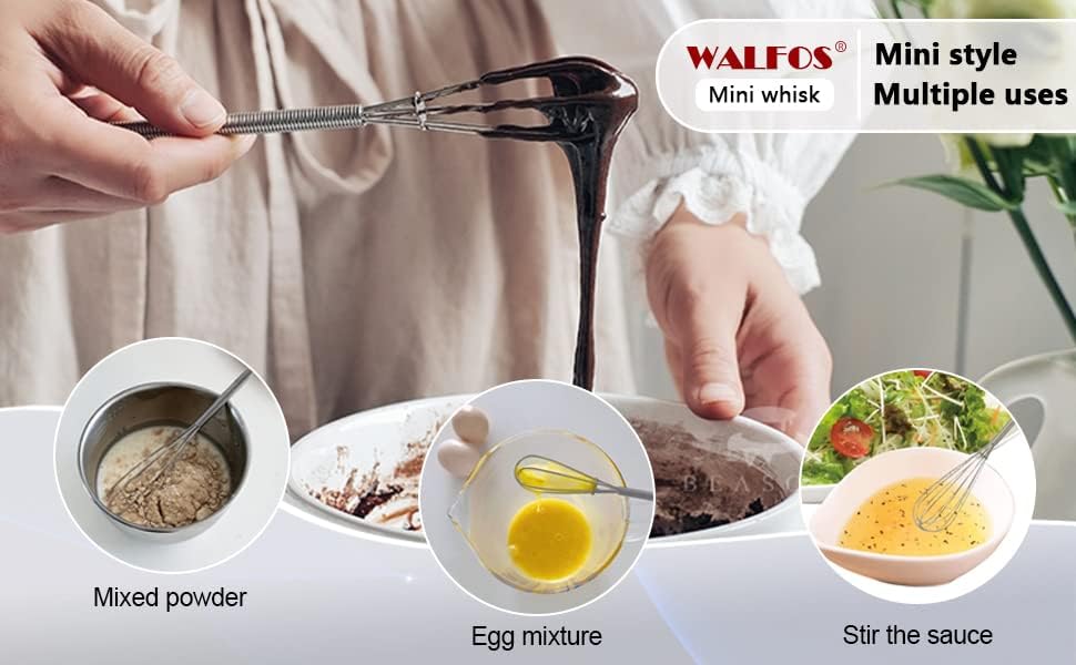 Walfos Mini Whisks Stainless Steel, Small Whisk 2 Pieces, 5in and 7in Tiny Whisk for Whisking, Beating, Blending Ingredients, Mixing Sauces (Pack of 2)