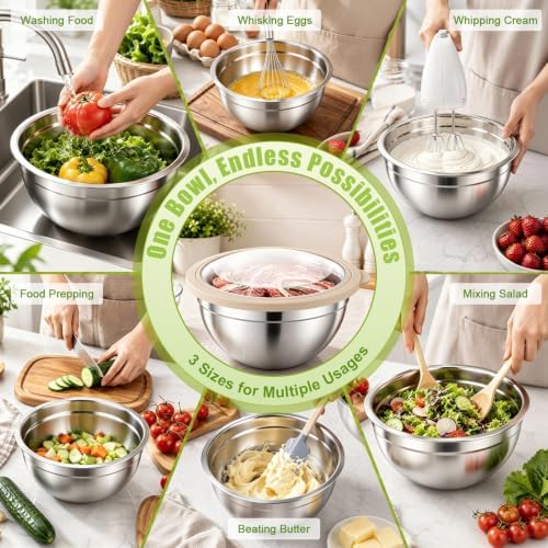 P&P CHEF Stainless Steel Mixing Bowls with Visible Airtight Lids, Khaki