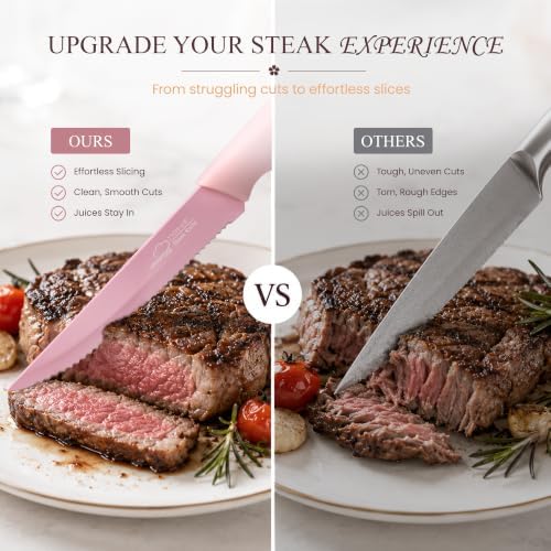 Amorston Steak Knives Set of 8 Stainless Steel Serrated Knives Pink