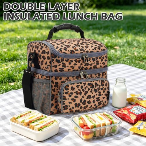 FlowFly Double Layer Cooler Insulated Lunch Bag Adult Lunch Box Large Tote Bag for Men, Women, With Adjustable Strap,Front Pocket and Dual Large Mesh Side Pockets