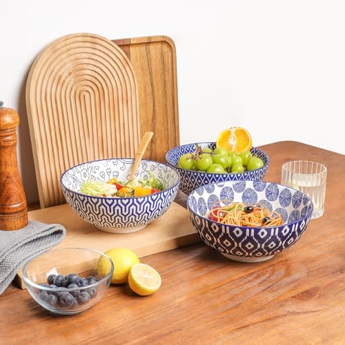 Selamica Ceramic 53 OZ Large Salad Bowls Set, Set of 3, Vintage Blue