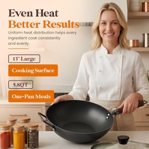Carbon Steel Wok with Lid Ceramic Nonstick Flat Bottom Wok Pan Induction Compatible Stir Fry Wok Beech Wood Handle Glass Lid Healthy Cooking Wok for Gas Electric Ceramic Halogen Cooktops