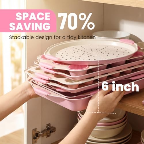 Kikcoin 22 PCS Nonstick Baking Pans Set, Stackable Bakeware Sets with Silicone Handles, 450°F Oven Safe Baking Sheet Set, Easy Release Cookie Sheets for Baking, Pink