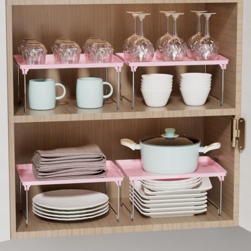 STARLATTA 2 Pcs Cabinet Organizer Shelf,Stackable Kitchen Counter Shelves, Spice Rack,Countertop Organizers,Pink Plastic Storage Shelves Rack for Makeup,Bathroom, Cupboard,Desk,Pantry Organization