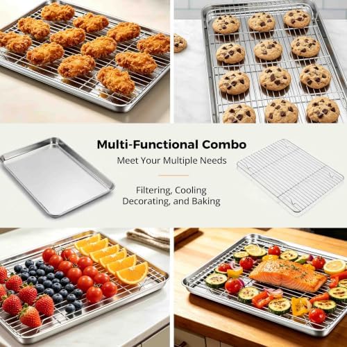 Onader Half Baking Sheet Pan with Rack Set, 18x13 Inch Stainless Steel Cookie Sheet with Cooling Rack, Nonstick Baking Pan for Oven, Nonstick & Rust Proof, 2 Pans + 2 Racks