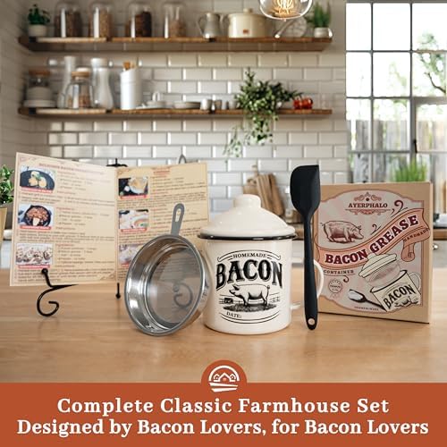 Ayerphalo 24oz Enamel Bacon Grease Container with Strainer, Farmhouse Beige