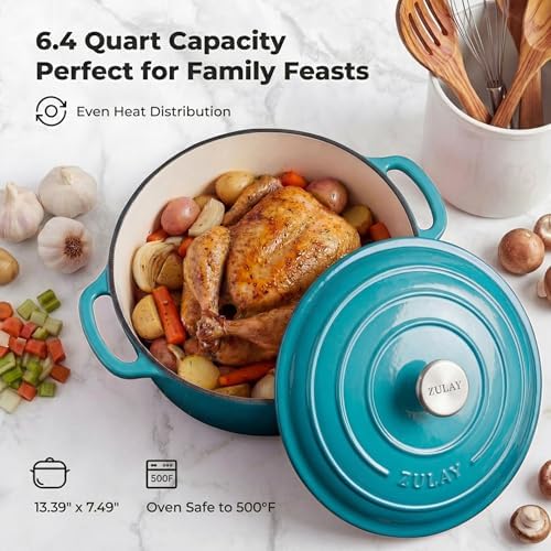 Zulay Kitchen 6.4QT Enameled Cast Iron Dutch Oven Pot with Lid, Heavy-Duty Soup Pot for Stews, Braising, Roasting & Sourdough Bread Baking, Oven Safe up to 500°F - Light Blue