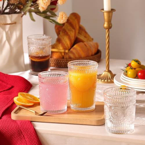 Moretoes Vintage Drinking Glasses Set of 12 Textured Striped Glass Cups