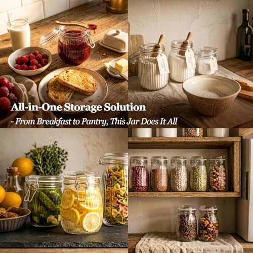 ComSaf Ribbed Glass Pantry Jars with Airtight Lids 34 oz 3 Pack Coffee