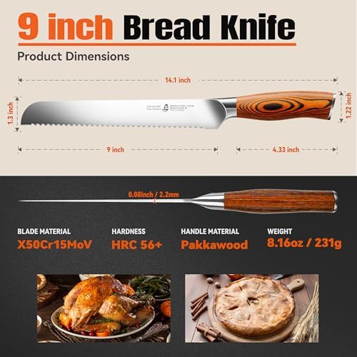 TUO Bread Knife, 9 inch Sharp Serrated Slicing Knife for Homemade Sourdough Bread, High Carbon German Steel, Ergonomic Handle, Gift Box Included