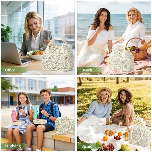 TESAFNG Lunch Bag - Insulated Lunch Box for Women, Reusable Large Capacity Cooler Bag for Adult, Small Leakproof Cute Corduroy Lunch Tote for Work Office Travel Picnic (Floral)