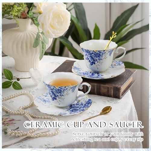Country Roses Porcelain Tea Cup and Saucer Set with Gold Trim, Vintage Style, For Women and Tea Parties (1, Blue)