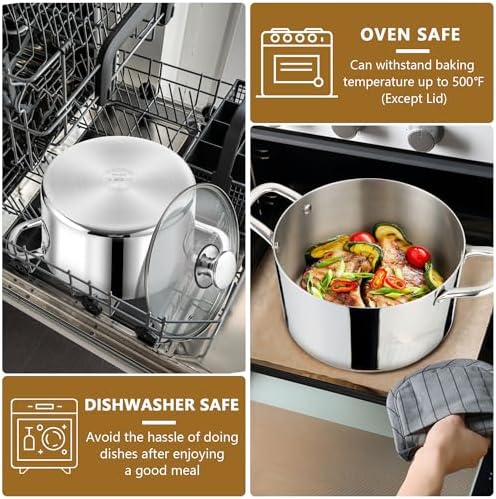 P&P CHEF 8 Quart Tri-Ply Stainless Steel Stock Pot, Cooking Pot with Lid
