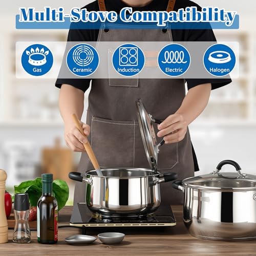 E-far 5Qt Stainless Steel Stock Pot, Tri-Ply Induction Pot with Glass Lid
