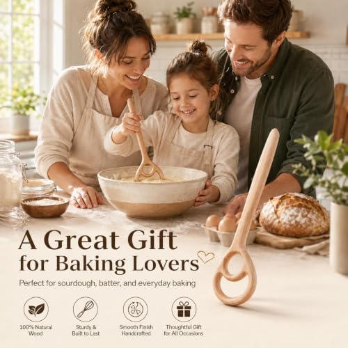 2 Pack Wooden Danish Dough Whisk, 12.6 Inch Seamless Sourdough Mixer Tool, Bread Whisk for Mixing Pizza Pastry, Danish Dough Hook & Spurtle for Sourdough Starter Stirring