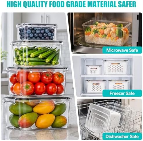 HOMETALL 8 Pack Fruit Storage Containers for Fridge with Strainer, BPA Free Fruit Cleaning Bowl Fridge Organizer, Plastic Fresh Keeper Set Refrigerator Organizer for Salad Berry Produce
