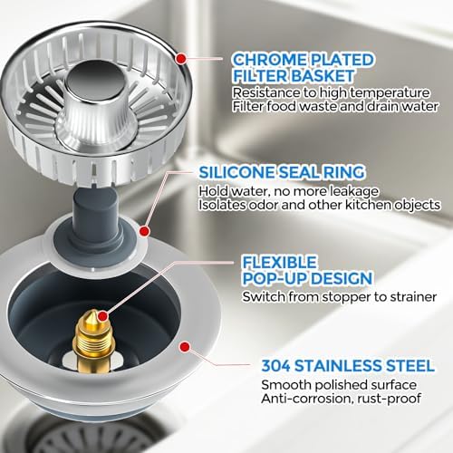 zaa 3 in 1 Kitchen Sink Drain Strainer Stopper Removable Basket Pop-Up