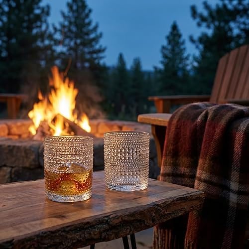 OLULU Cocktail Glasses 10 oz Set of 2, Glass Hobnail Drinking Glasses, Vintage Glassware Textured Bubble Glass Cups, Old Fashioned Glasses for Kitchen and Home Bar
