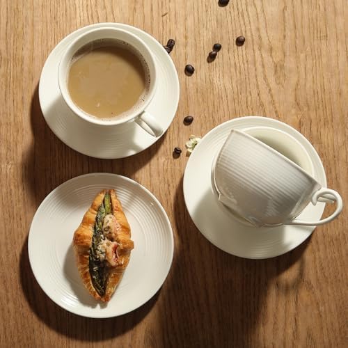 12 oz Cappuccino Cups with Saucers, Ceramic Coffee Cups Set of 4, White Latte Cup and Saucer, Elegant Tea Mugs Set, Microwave Dishwasher Safe Drinkware for Cafe, Housewarming Gift
