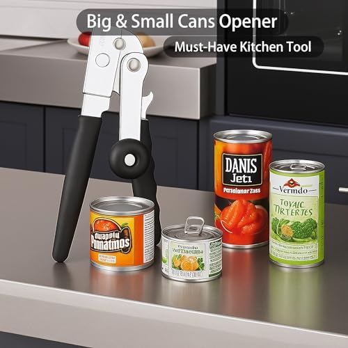 Manual Can Opener Heavy Duty Smooth Edge - Bottle Opener Combo for Seniors Adults, Stainless Steel Kitchen Camping Tool, Safe Easy to Use, Black