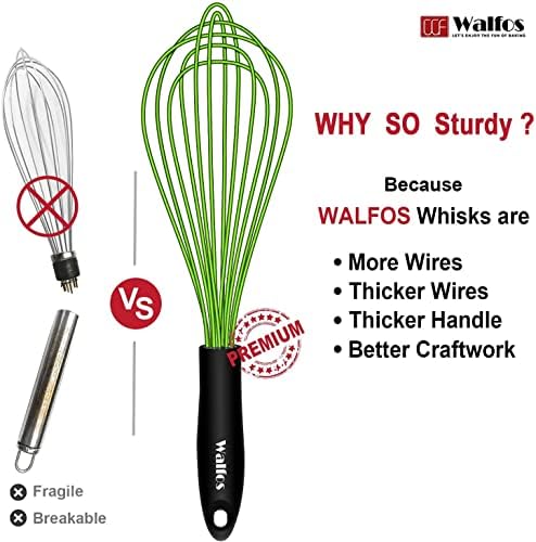 Walfos Silicone Whisk, Rubber Whisks for Cooking, Baking (11,9,8.5 inch) - Heat Resistant Kitchen Whisks for Non-stick Cookware, Balloon Egg Beater Perfect for Blending, Whisking, Beating, Frothing
