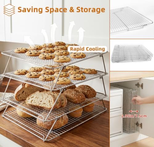 4PCS Sourdough Bread Cooling Rack, Oven Rack for Baking and Cooking Collapsible 12"x 16.5" for Half Sheet, Wire Rack Stackable Stainless Steel Rack for Cookie, Cake, Bacon and Jerky