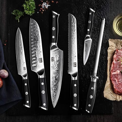 SHAN ZU Damascus Kitchen Knife Set, 7 Pcs Professional Knife Sets for Chefs