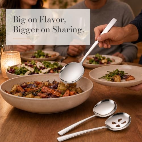 6 PCS 9.2-Inch Serving Spoons Set, 3 Solid & 3 Slotted
