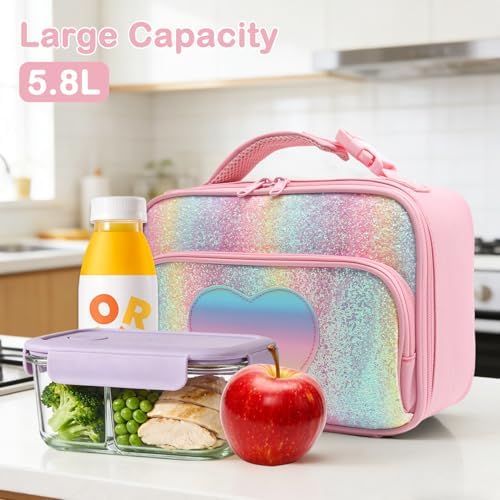 FlowFly Kids Lunch box Insulated Soft Bag Mini Cooler Back to School Thermal Meal Tote Kit for Girls, Boys,Glitter-RainBow