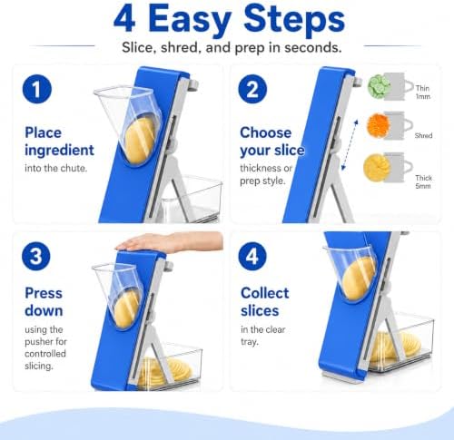 Safe Mandoline Slicer for Kitchen, Vegetable Slicer with Container, French Fry Cutter, All in 1 Julienne Slicer for Potato, Thickness Adjustable, Detachable Blade (Dark blue)