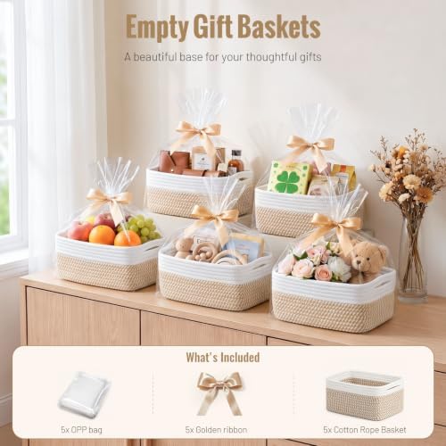 5 Pack Small Woven Storage Baskets for Shelves, Gift Baskets Empty