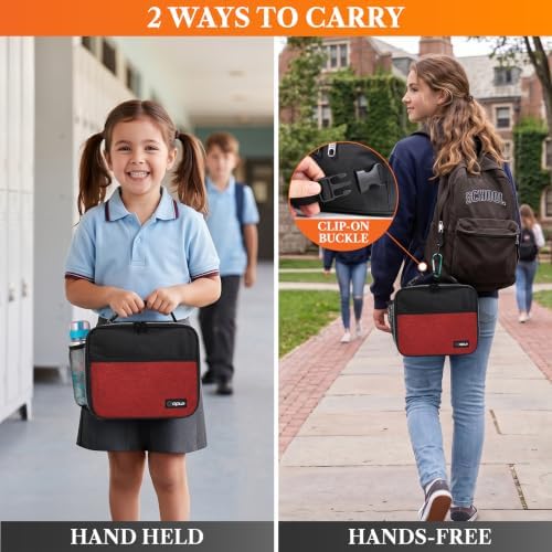 opux Insulated Lunch Bag for Kids, Reusable Lunch Box for School, Red