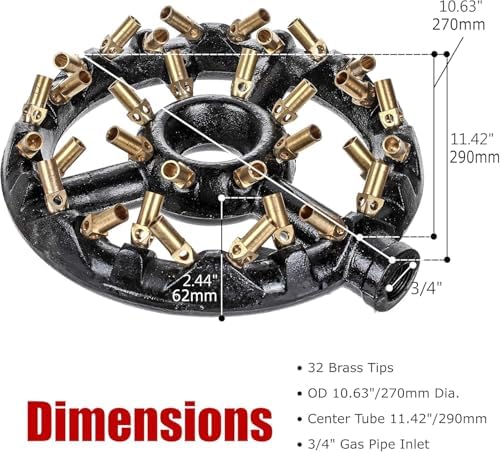 DuraSteel Natural Gas Jet Burners For Chinese Wok Range - Cast Iron Body Round Nozzle 32 Brass Tips Large Wok Burners Head - Up to 100,000 BTU - Natural Gas Burner Outdoor Wok Burner Indoor Kitchen