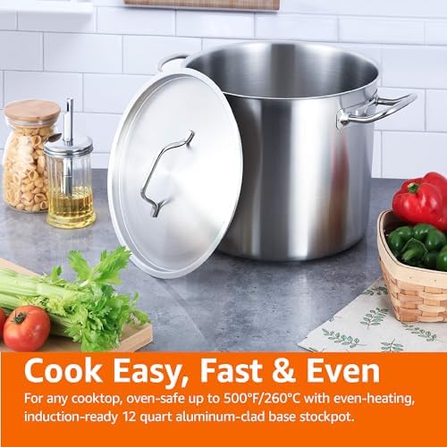 Amazon Basics 12 Quarts Stainless Steel Aluminum-Clad Stock Pot with Cover, Induction Compatible, Dishwasher Safe, Oven Safe, Even Heating, Soup and Pasta Pot