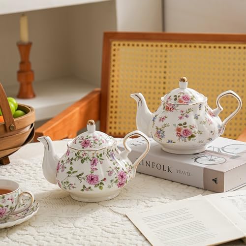 Agyiuns Flower Ceramic Teapot,22oz Porcelain Tea pot for Tea Coffee Milk for Office Home Men Women as Gift (White and big flowers)