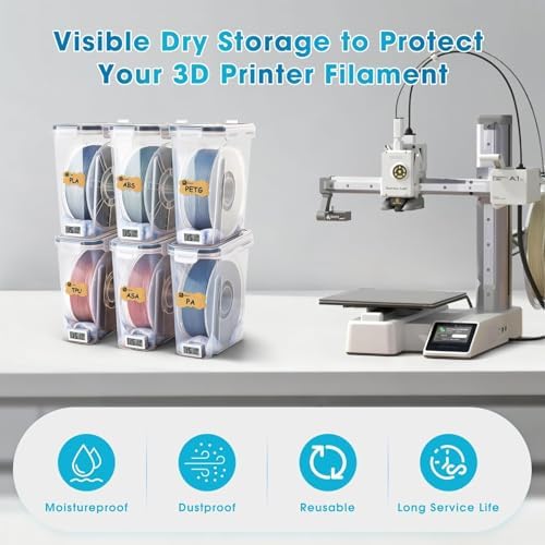 Filament Storage Box - 6 Pack 4L 3D Printer Filament Containers with 6 Hygrometers, Airtight Dry Boxes for Sealing and Protection, Water-Proof & Dust-Proof, Reusable Desiccant, Tube Cutter