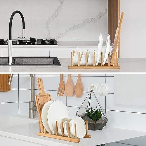 INNERNEED Bamboo Wooden Dish Rack, Vertical Plate & Lid Organizer