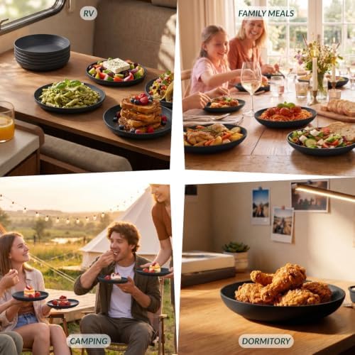 Homienly Wheat Straw Plates Unbreakable Deep Dessert Plates Set of 8 Plastic Plates Reusable Microwave Safe Plate for Kitchen Camping Party Dishwasher Safe Stackable Appetizer Plates (8in, Black)