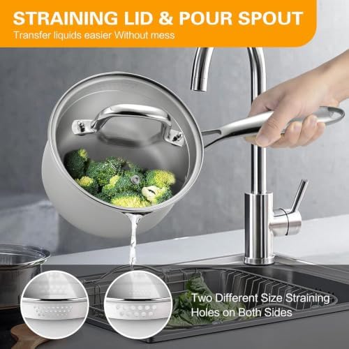 Stainless Steel Saucepan with Tempered Glass Lid, 1.0 Quart Multipurpose Cooking Pot, Sauce Pot for Easy Pour with Ergonomic Handle