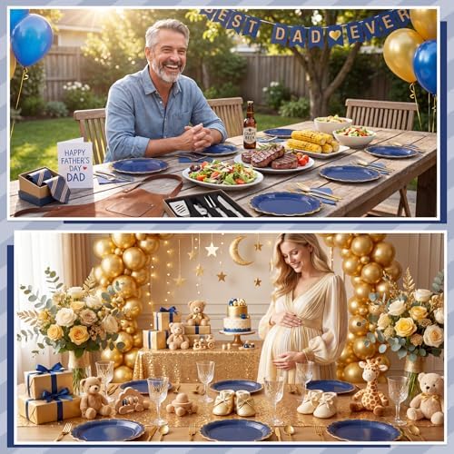 NatNarr 30 Pk Navy Blue Paper Plates 9" Scalloped Blue Gold Party Plates