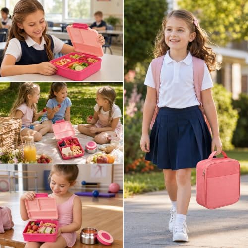 Bento Lunch Box for Girls with 8oz Soup Thermo & Lunch Bag, Leak-Proof Lunch Food Containers with 4 Compartment, Hot Food Insulated Food Jar for Kids School (Pink)
