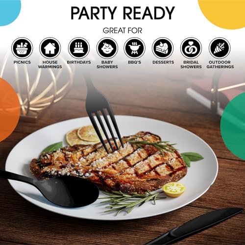 Party Solids Black Plastic Silverware 150 Pcs Black Cutlery Set
